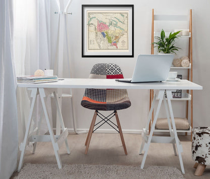 Native American Tribes 1836 Map print framed above a white desk in a home office