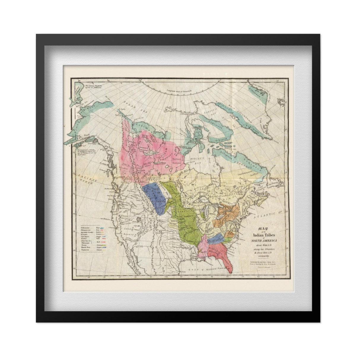 Native American Tribes 1836 Map print in a black frame with a white mat