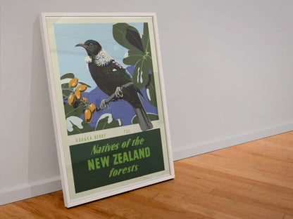 New Zealand Tui Bird poster in a white frame leaning against a wall