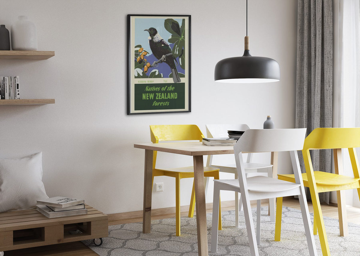 New Zealand Tui Bird poster framed above a dining table