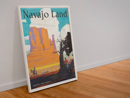 Navajo Land Santa Fe poster in a white frame leaning against a wall