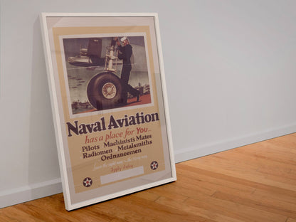 Naval Aviation Has a Place for You poster in a white frame leaning against a wall