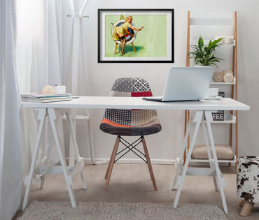 Near Miss by Gil Elvgren, pin-up poster — desk styling