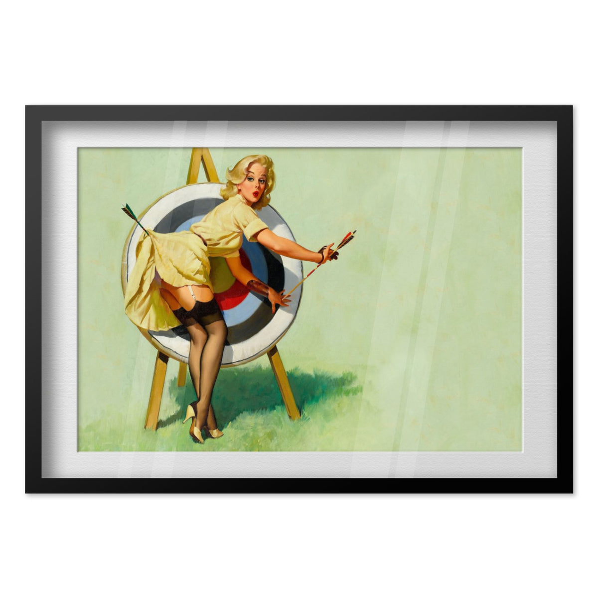 Near Miss by Gil Elvgren, pin-up poster — black frame close-up