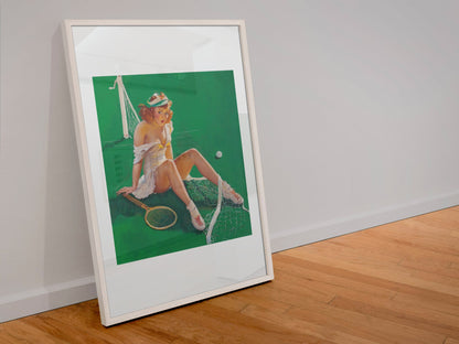 Net Results by Gil Elvgren, pin-up poster — leaning frame