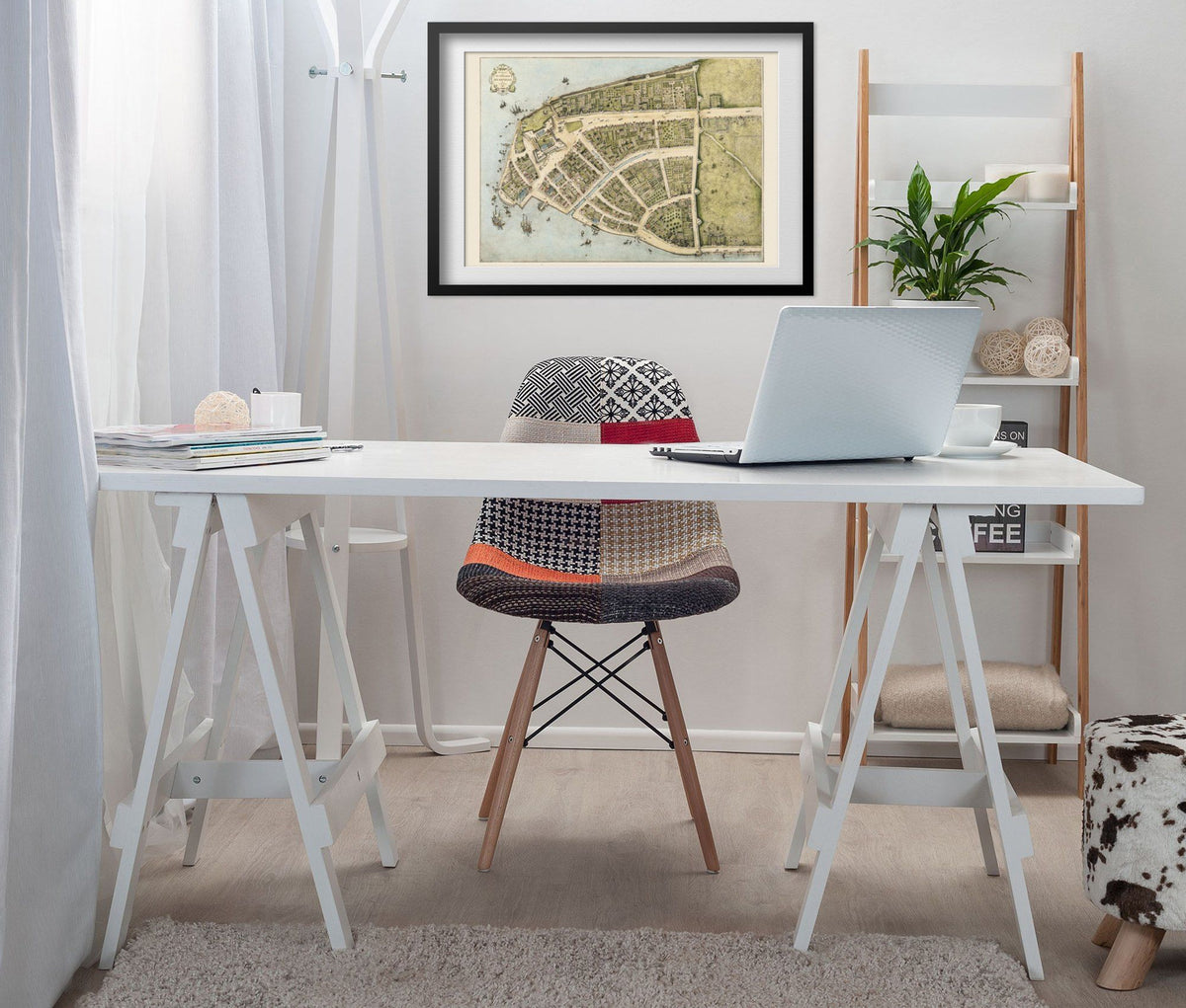 New Amsterdam 1660 Castello Plan print framed above a white desk in a home office