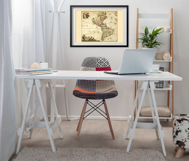 New and Accurate Map of America 1680 framed above a white desk in a home office