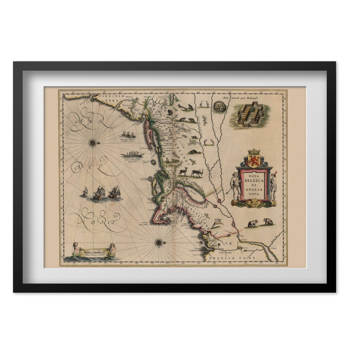 New England 1635 Map print in a black frame with a white mat