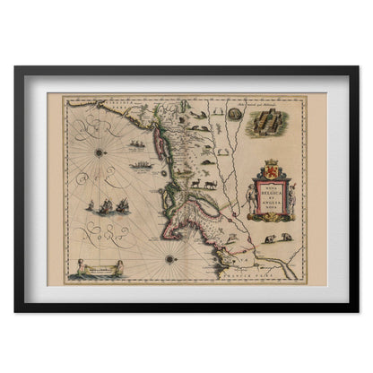 New England 1635 Map print in a black frame with a white mat