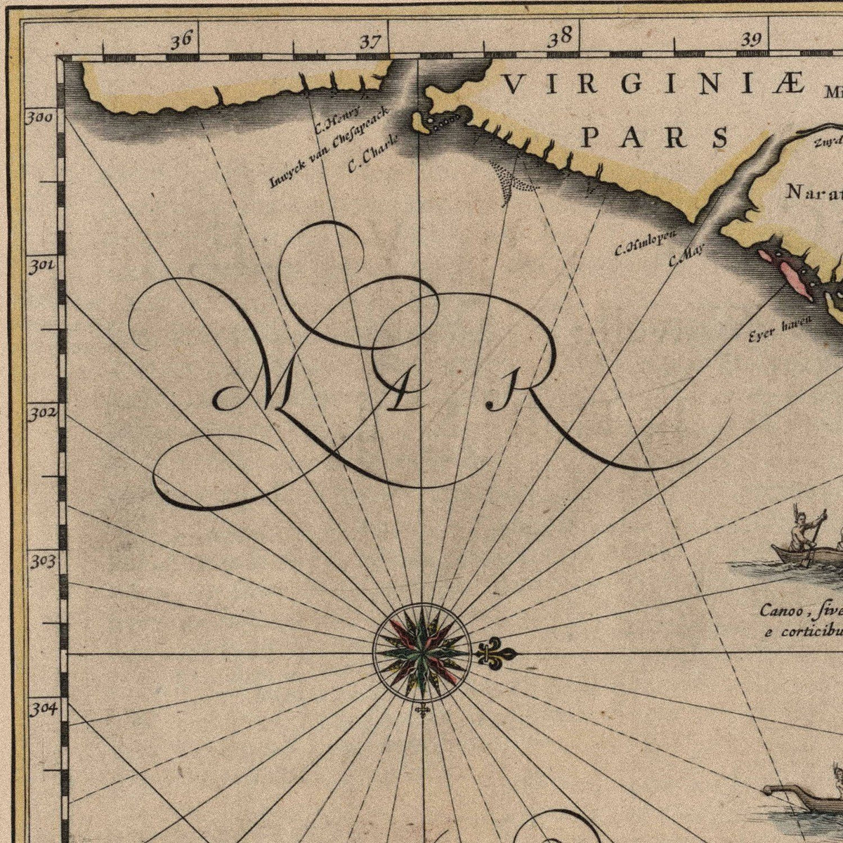 Close-up detail of the New England 1635 Map