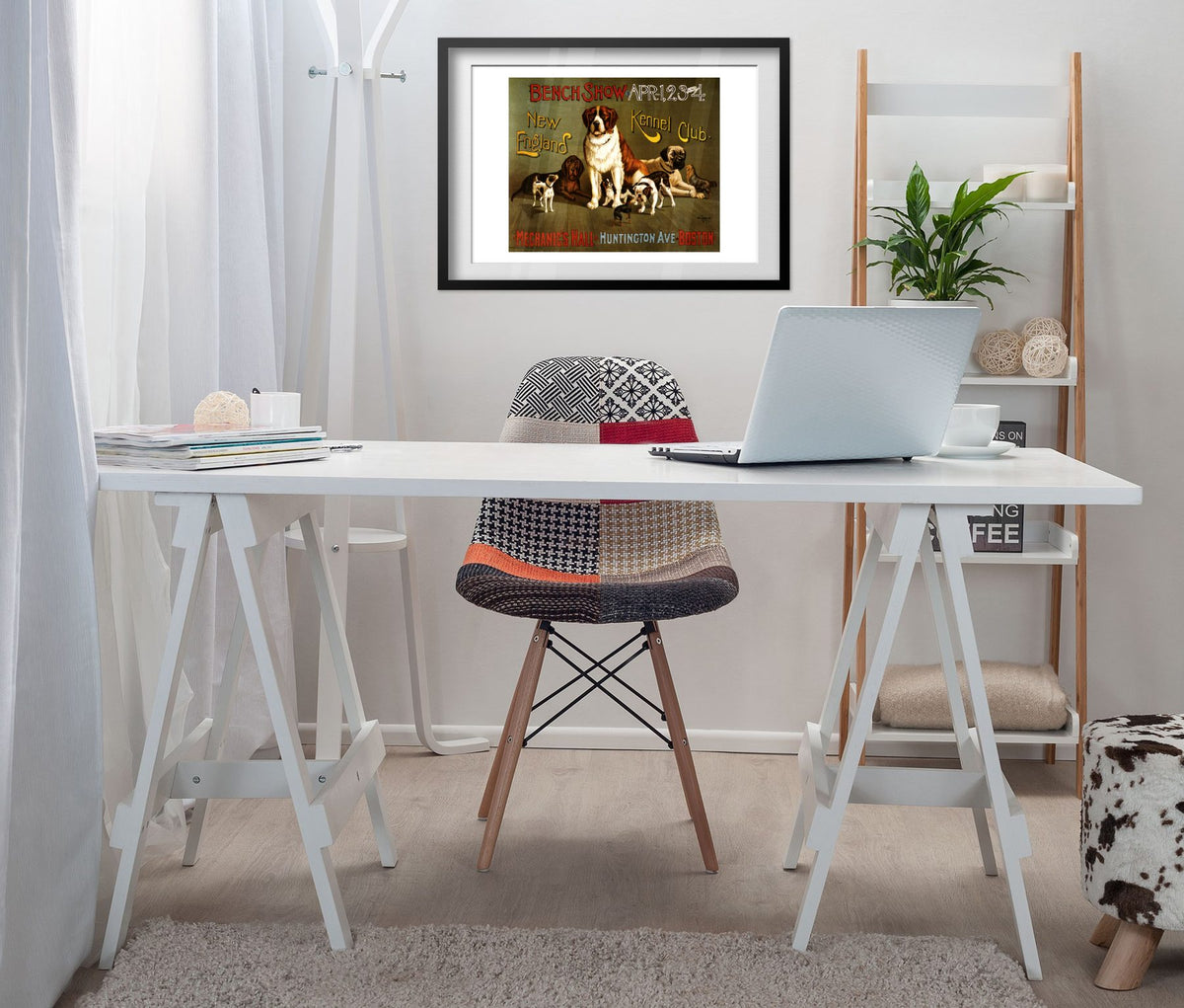 New England Kennel Club Bench Show poster framed above a white desk in a home office