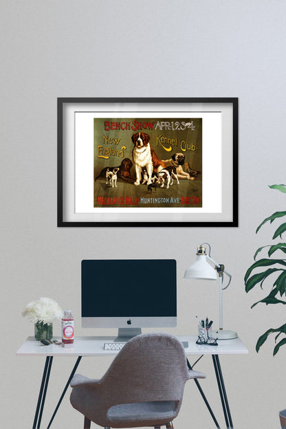 New England Kennel Club Bench Show poster framed on a grey wall above a desk