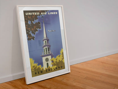 New England United Air Lines poster in a white frame leaning against a wall