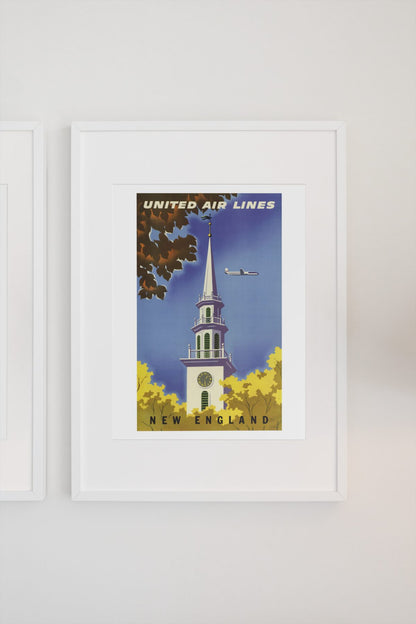 New England United Air Lines poster on a light wall