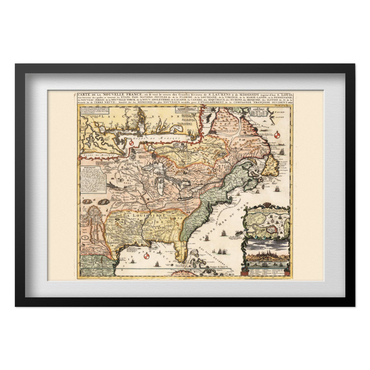 New France 1718 Map print in a black frame with a white mat
