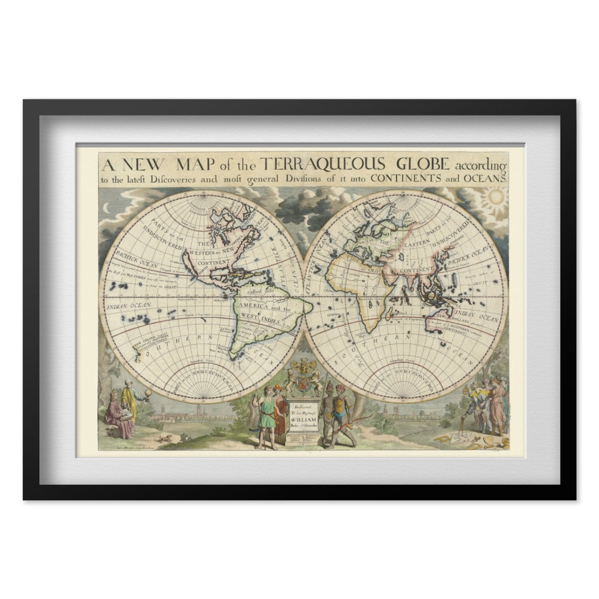 New Map of the Terraqueous Globe 1700 print in a black frame