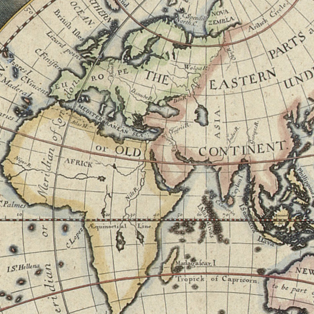 Close-up detail of the New Map of the Terraqueous Globe 1700 print
