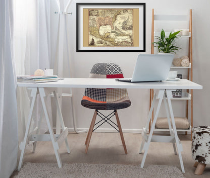 New Spain 1750s Map print framed above a white desk in a home office