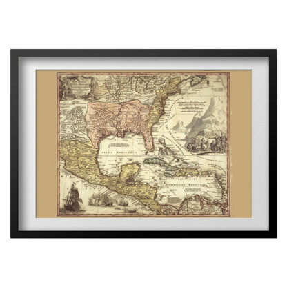 New Spain 1750s Map print in a black frame with a white mat