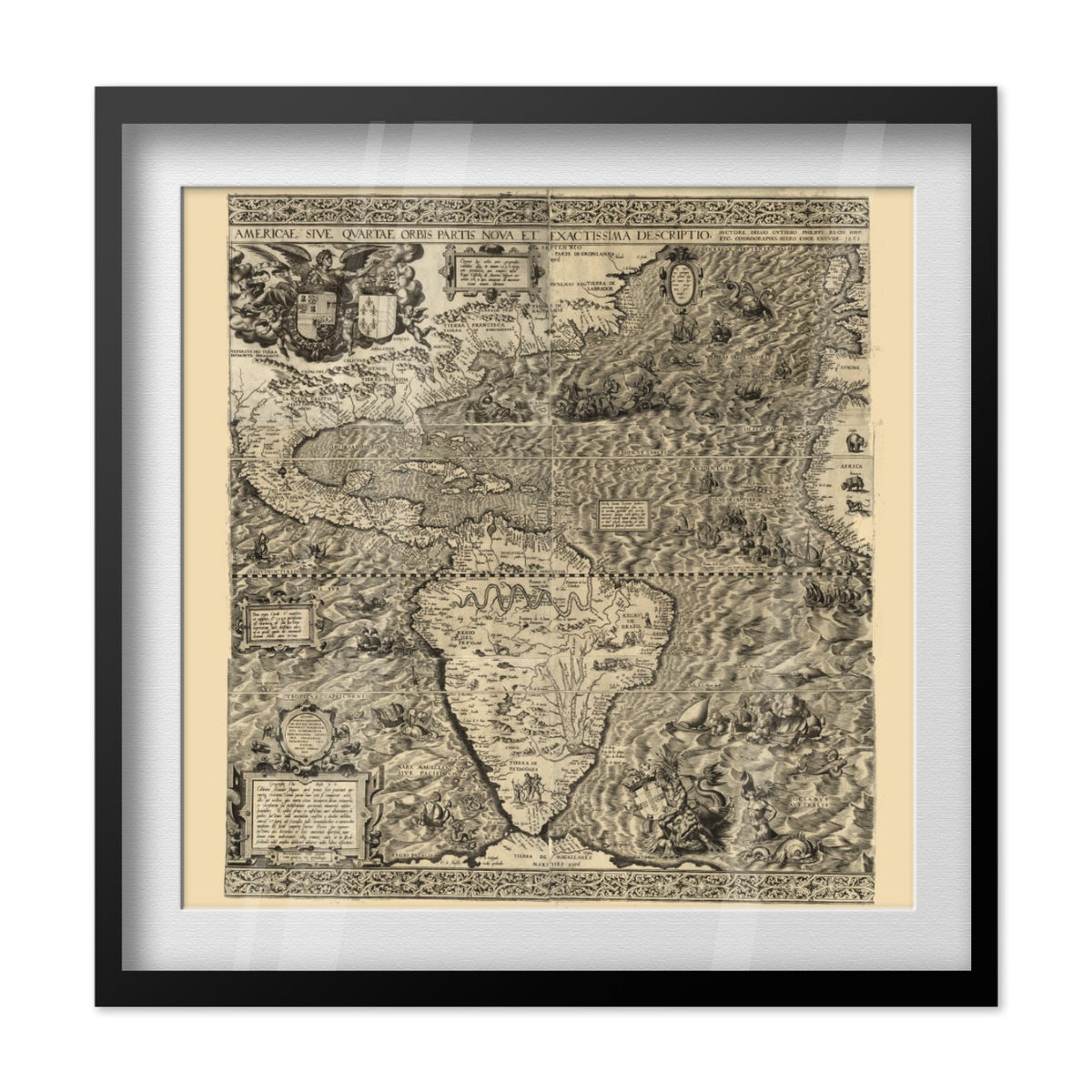 New World 1562 Gutierrez Map print in a black frame