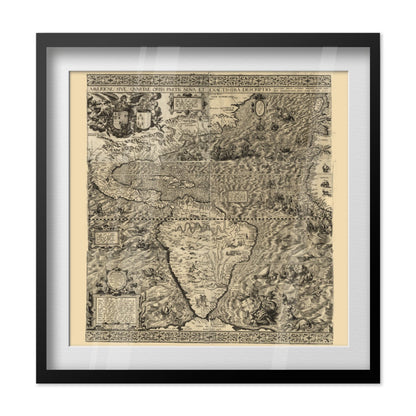 New World 1562 Gutierrez Map print in a black frame