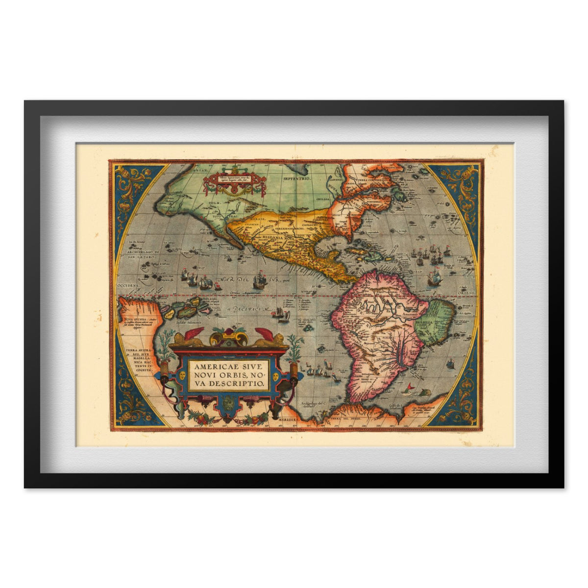 New World 1598 Map print in a black frame