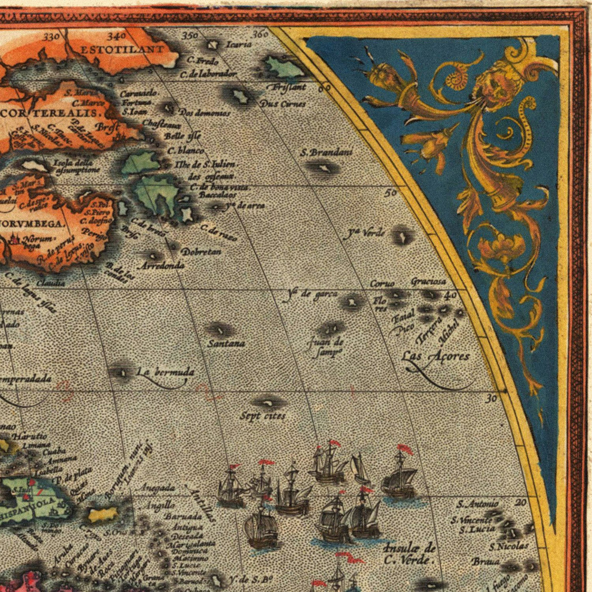 Close-up detail of the New World 1598 Map print
