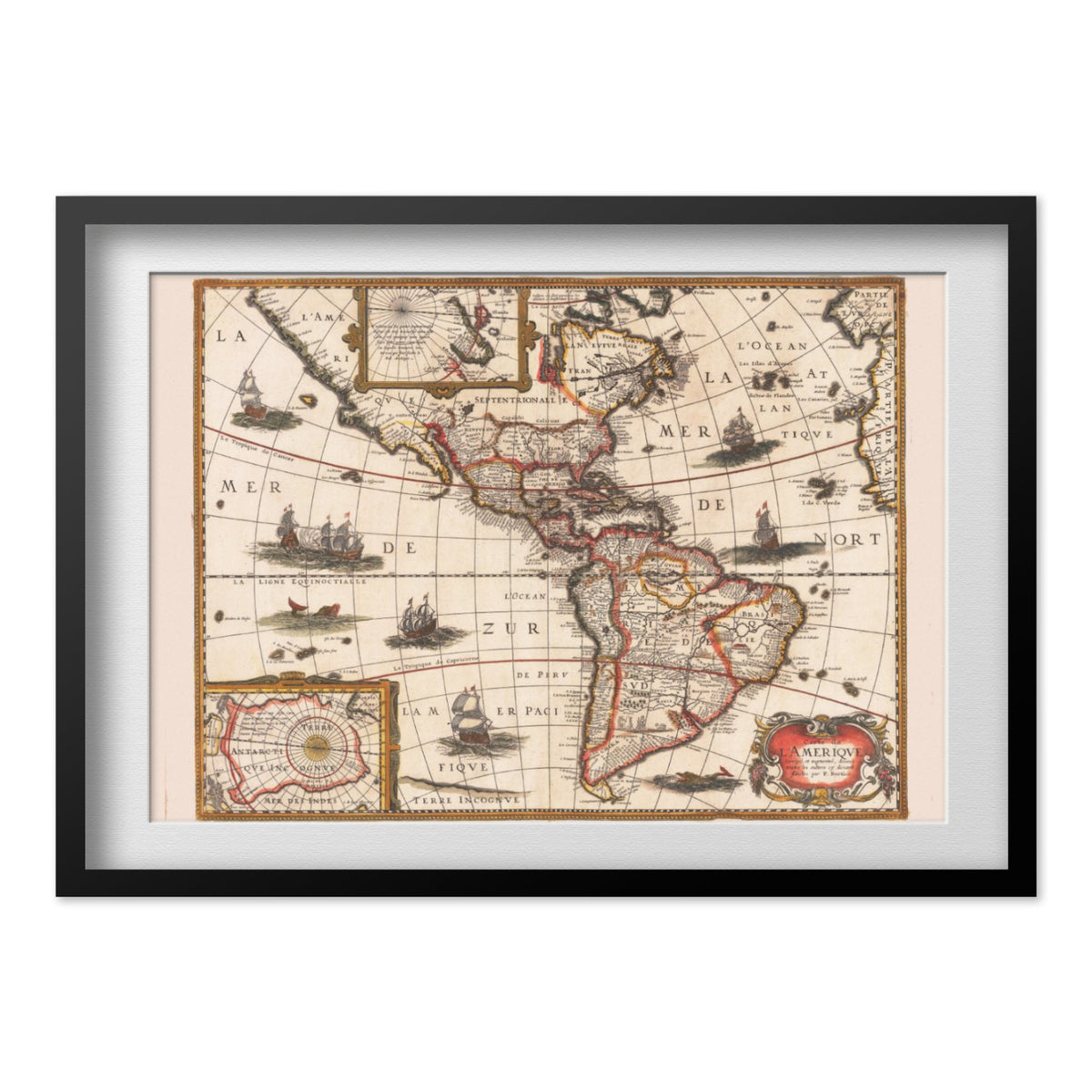 New World 1627 Map print in a black frame