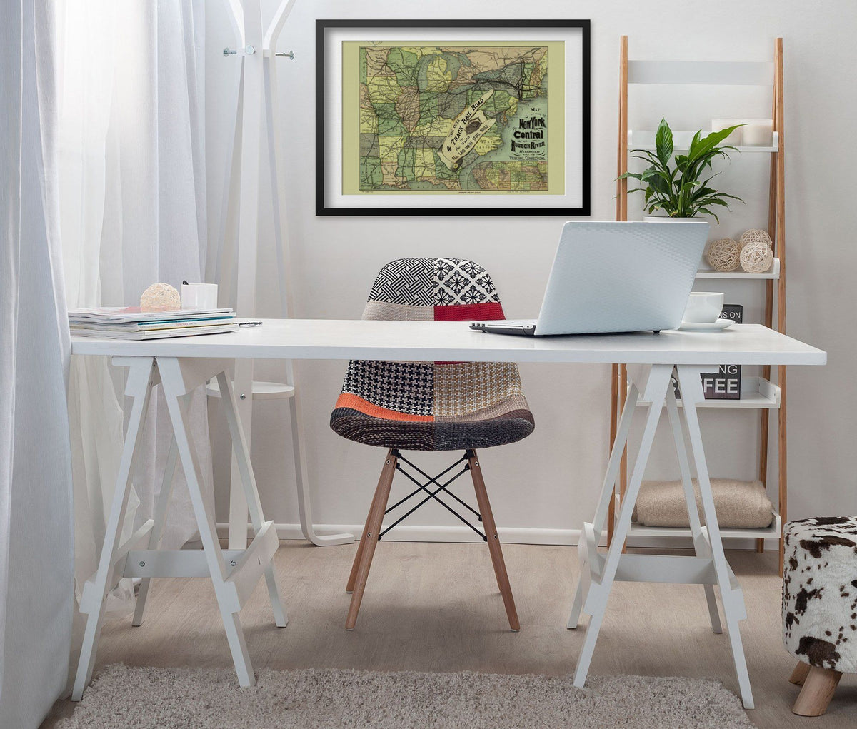 New York Central & Hudson River Railroad 1870s Map print framed above a white desk in a home office
