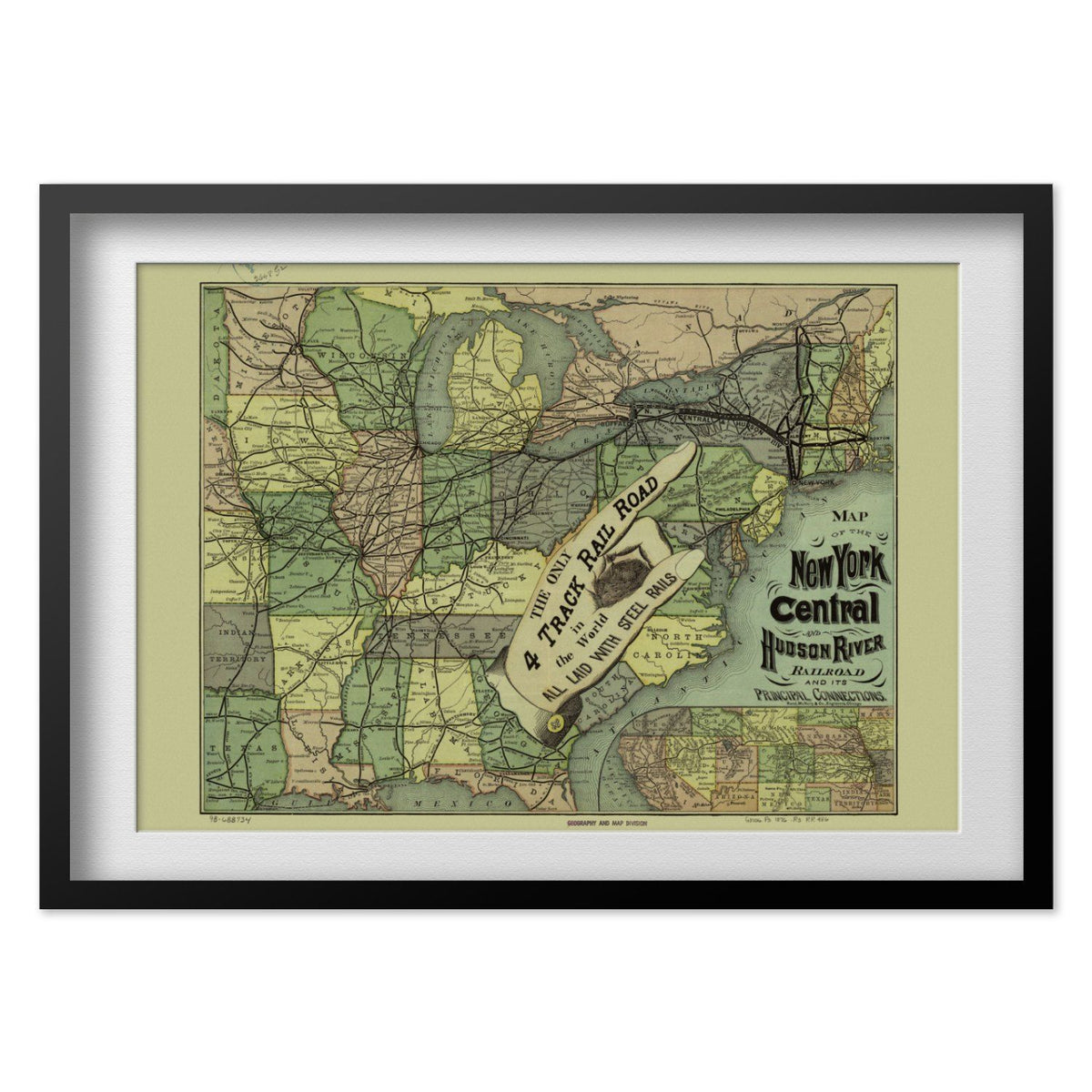 New York Central & Hudson River Railroad 1870s Map print in a black frame with a white mat