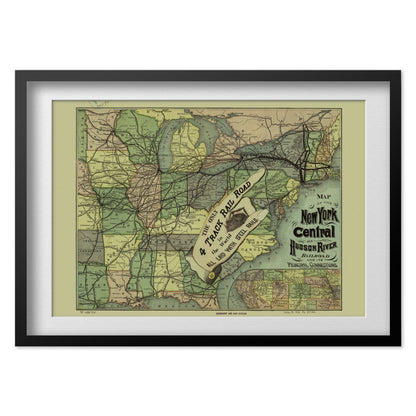 New York Central & Hudson River Railroad 1870s Map print in a black frame with a white mat