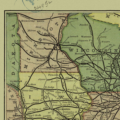 Close-up detail of the New York Central & Hudson River Railroad 1870s Map