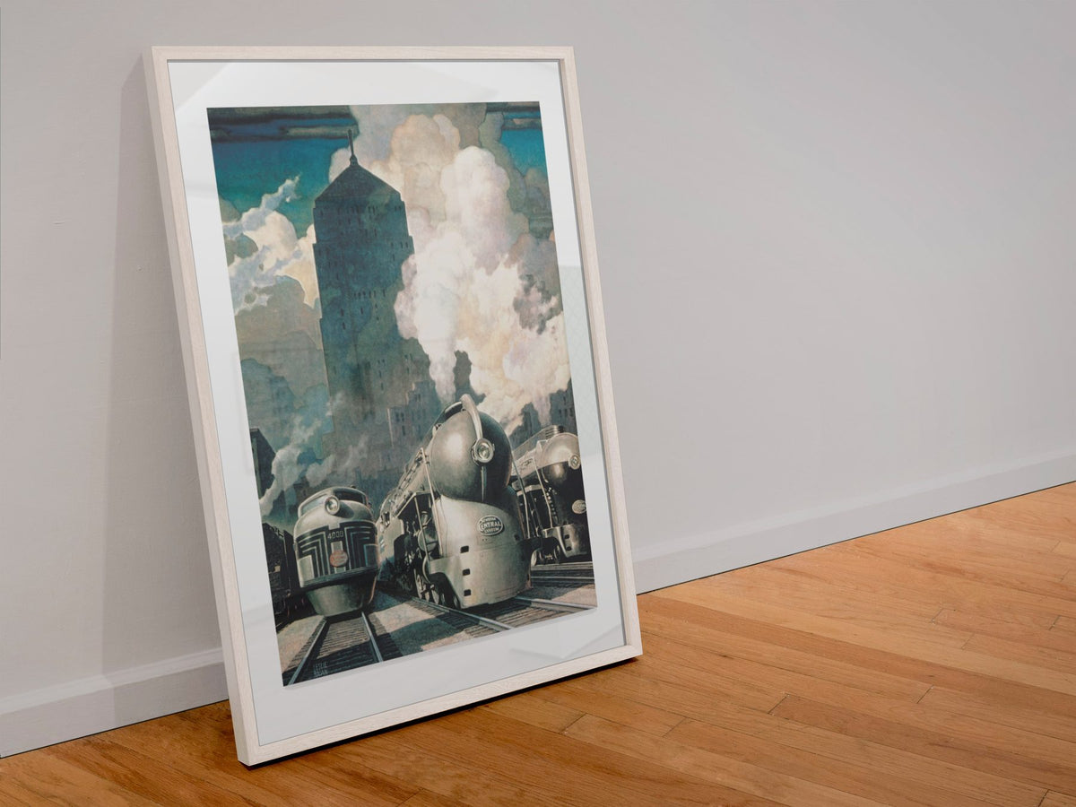 New York Central System Streamliner poster in a white frame leaning against a wall