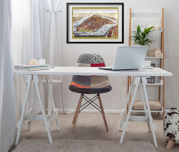 New York City 1876 Panoramic Map framed above a white desk in a home office