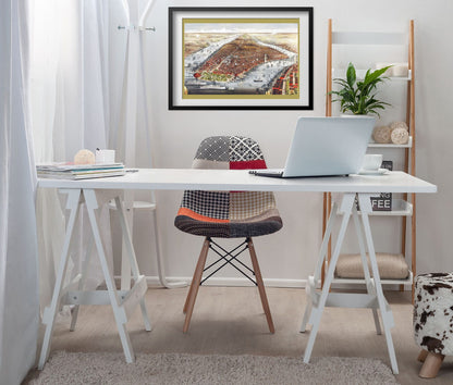 New York City 1876 Panoramic Map framed above a white desk in a home office