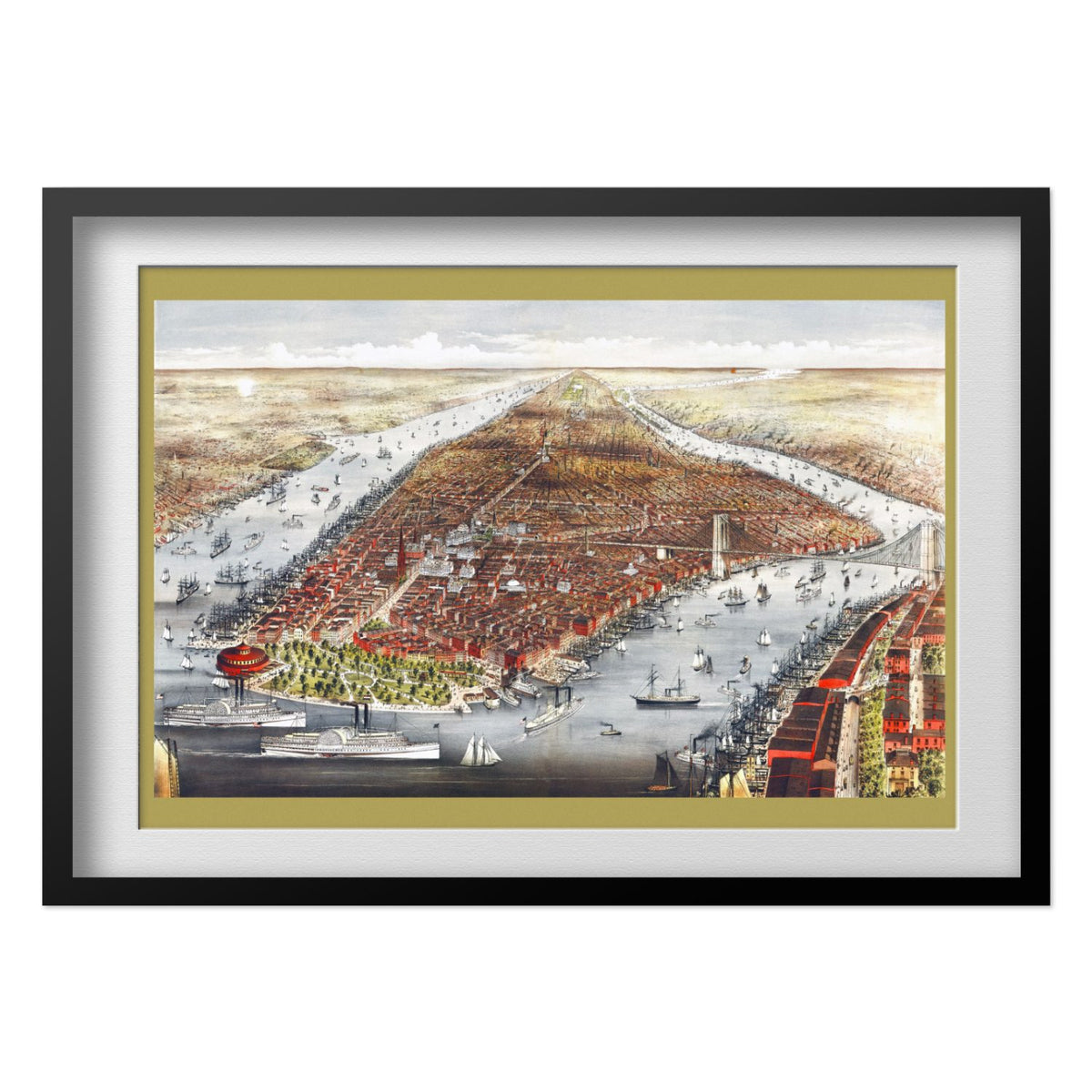 New York City 1876 Panoramic Map print in a black frame