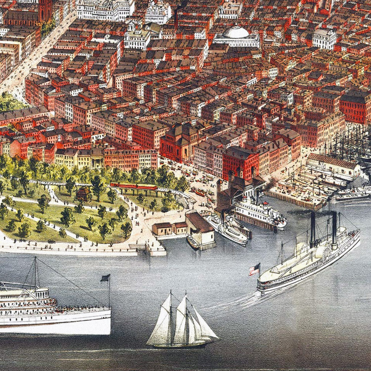 Close-up detail of the New York City 1876 Panoramic Map print