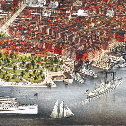 Close-up detail of the New York City 1876 Panoramic Map print