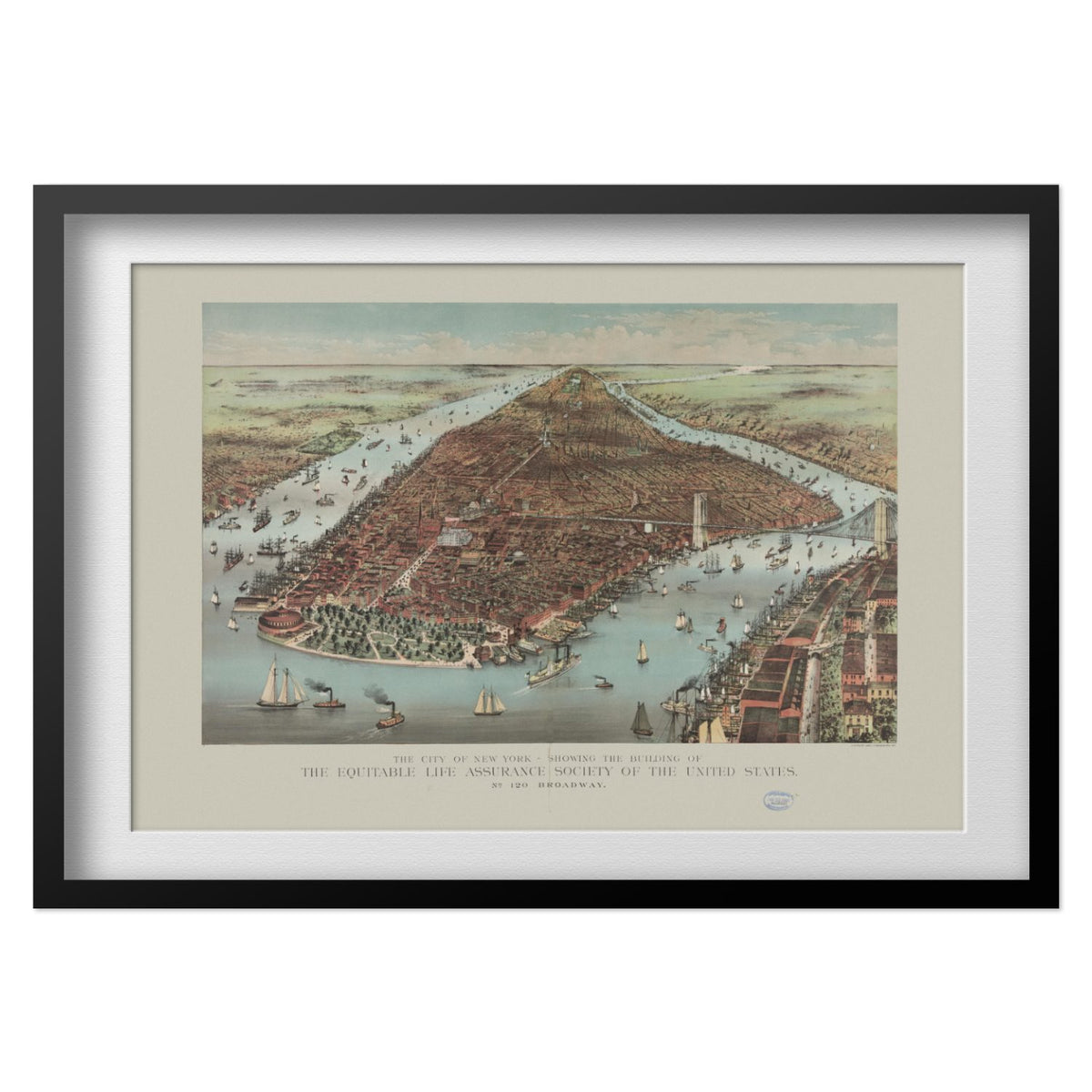 New York City 1886 Panoramic Map print in a black frame
