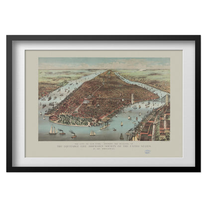 New York City 1886 Panoramic Map print in a black frame