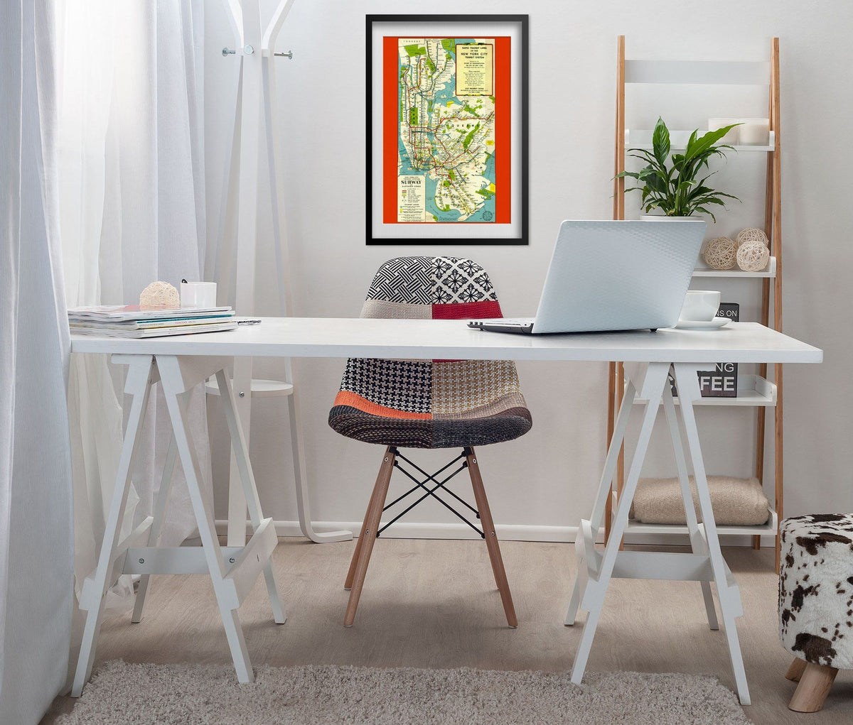 New York City Subway 1951 Map print framed above a white desk in a home office