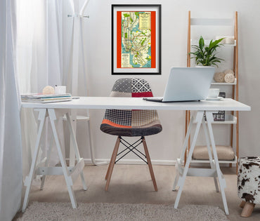 New York City Subway 1951 Map print framed above a white desk in a home office