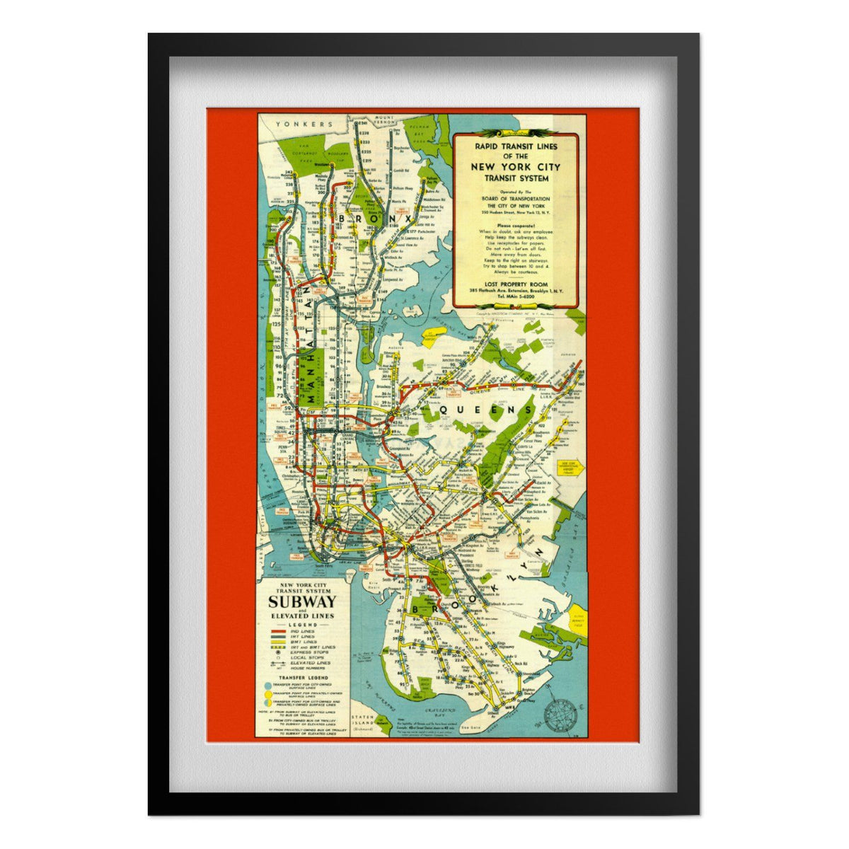 New York City Subway 1951 Map print in a black frame with a white mat
