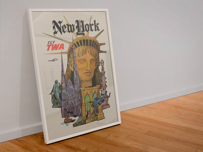 New York Fly TWA poster in a white frame leaning against a wall