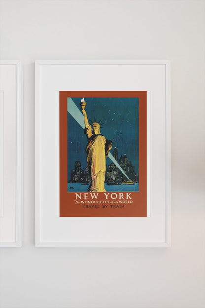 New York Wonder City Travel by Train poster on a light wall