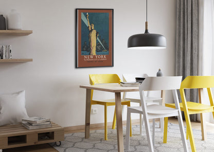 New York Wonder City Travel by Train poster framed above a dining table