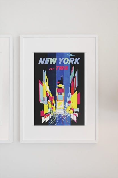 New York Times Square Fly TWA poster on a light wall
