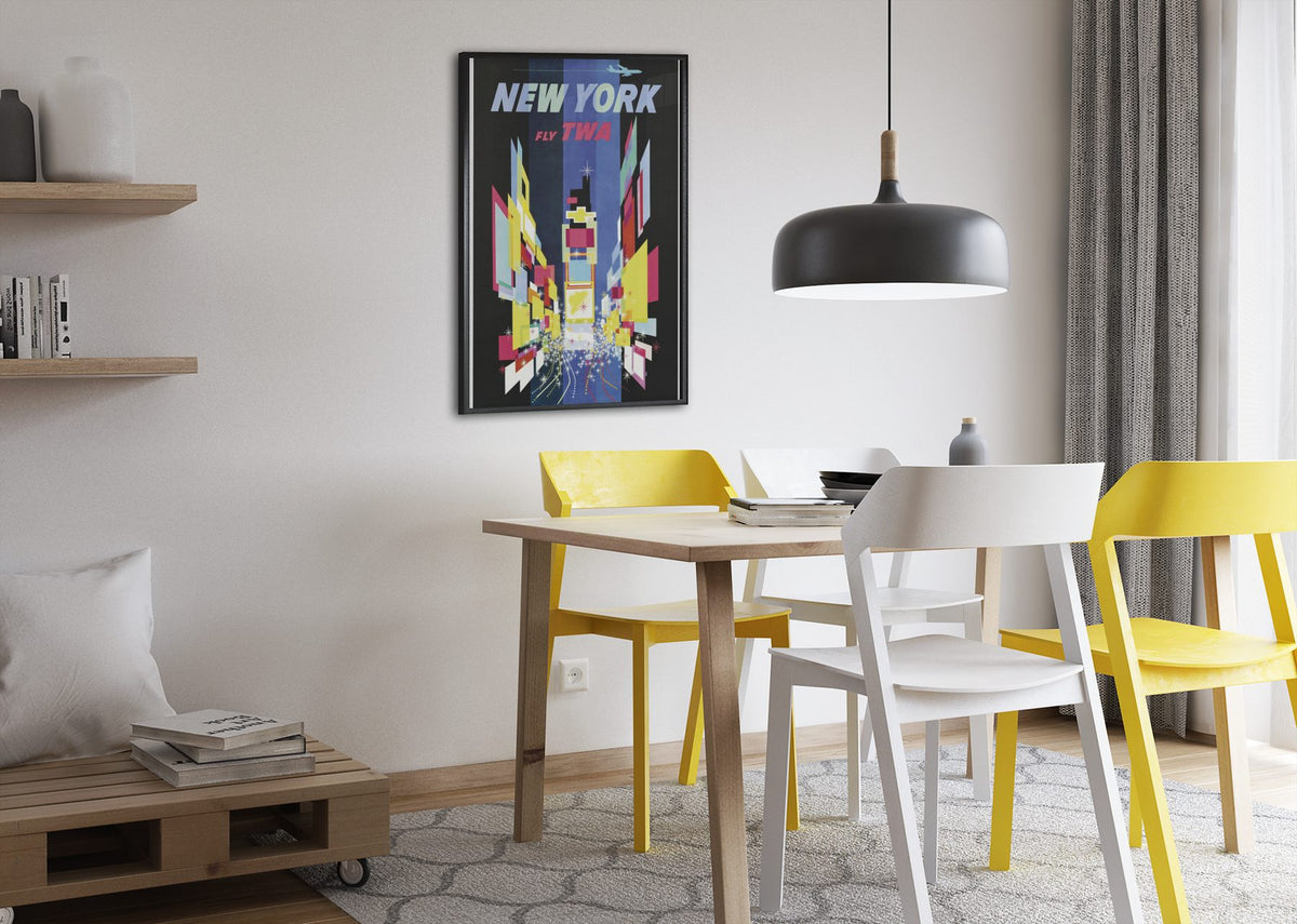 New York Times Square Fly TWA poster framed above a dining table