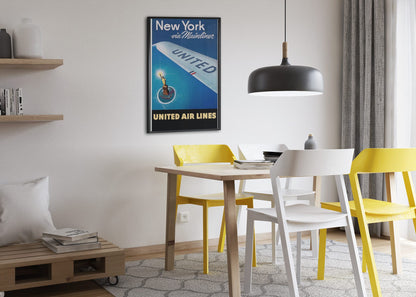 New York via Mainliner poster framed above a dining table