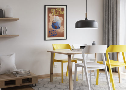 New York Worlds Fair 1939 Globe poster framed above a dining table